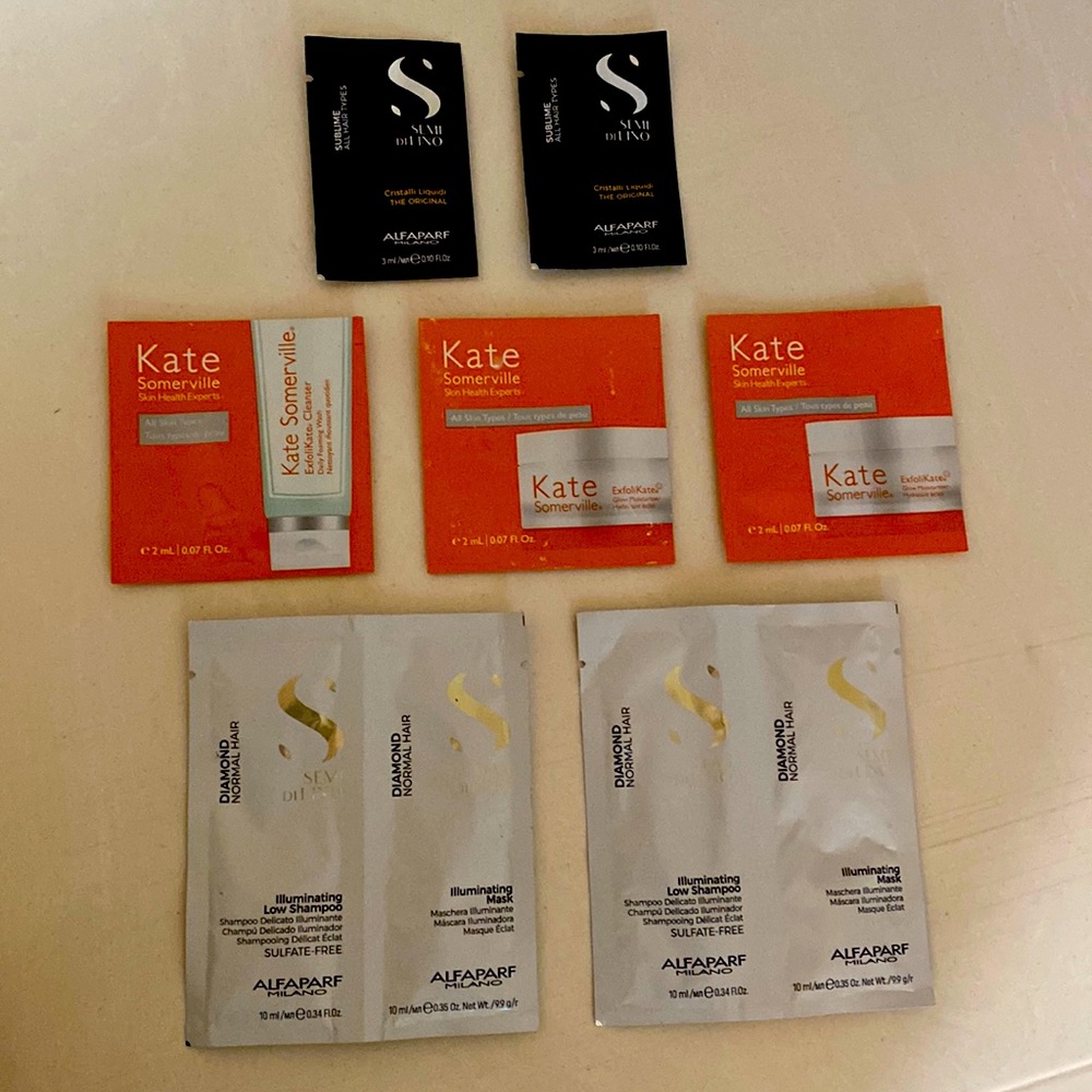 Assortment of hair and face product samples
